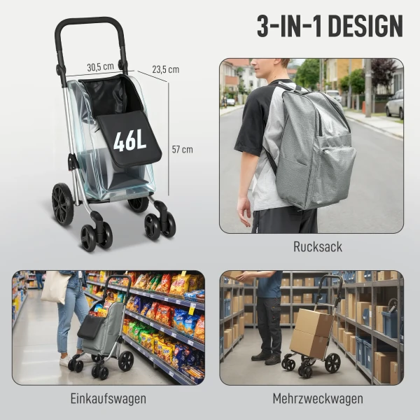 Winkelwagentje, 46 liter tas, opvouwbare winkelwagen met koeltas, verstelbare handgreep, aluminium frame, grijs 5
