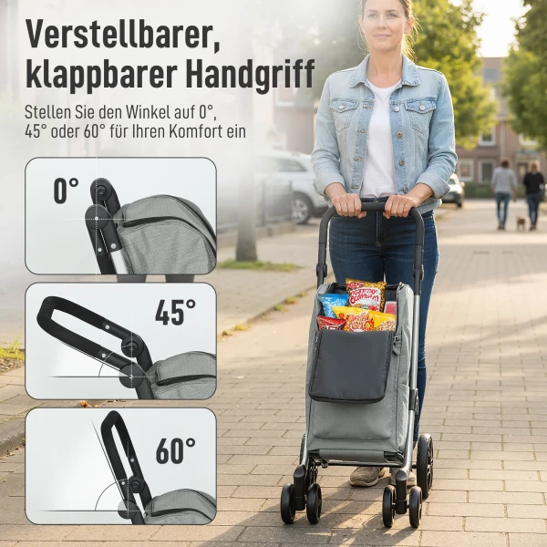 Winkelwagentje, 46 liter tas, opvouwbare winkelwagen met koeltas, verstelbare handgreep, aluminium frame, grijs 7