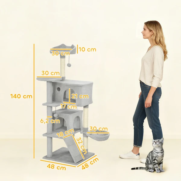 140 cm kattenkrabpaal, meerdere niveaus, sisal krabpalen, grotten, pluche platforms, hangmat, ladder, speelballen 4