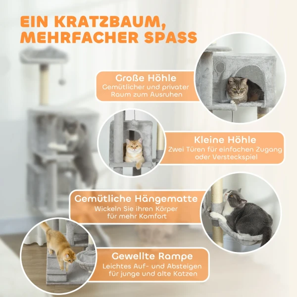 140 cm kattenkrabpaal, meerdere niveaus, sisal krabpalen, grotten, pluche platforms, hangmat, ladder, speelballen 5