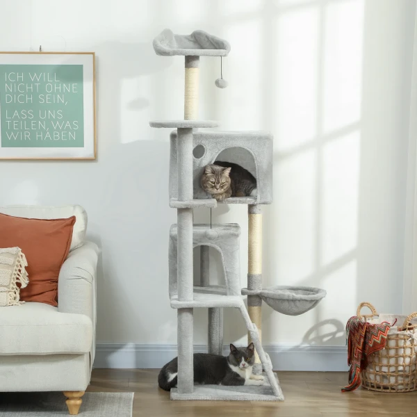 160 cm kattenkrabpaal, meerdere niveaus, sisal krabpalen, grotten, pluche platforms, hangmat, ladder, speelballen 2