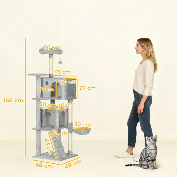 160 cm kattenkrabpaal, meerdere niveaus, sisal krabpalen, grotten, pluche platforms, hangmat, ladder, speelballen 4