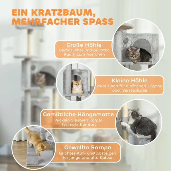 160 cm kattenkrabpaal, meerdere niveaus, sisal krabpalen, grotten, pluche platforms, hangmat, ladder, speelballen 5