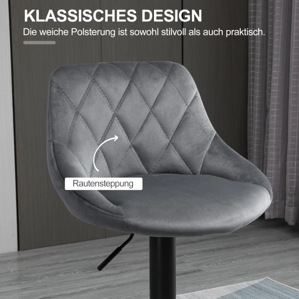 2 delige set barkrukken, in hoogte verstelbare barkruk met rugleuning, fluweel look, metalen frame, voetensteun, draaibaar, donkergrijs 7