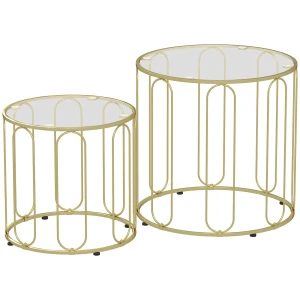 2 delige set glazen tafels, inschuifbaar, glasplaten, metalen frame, goudkleurig 1