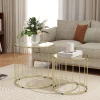 2 delige set glazen tafels, inschuifbaar, glasplaten, metalen frame, goudkleurig 2