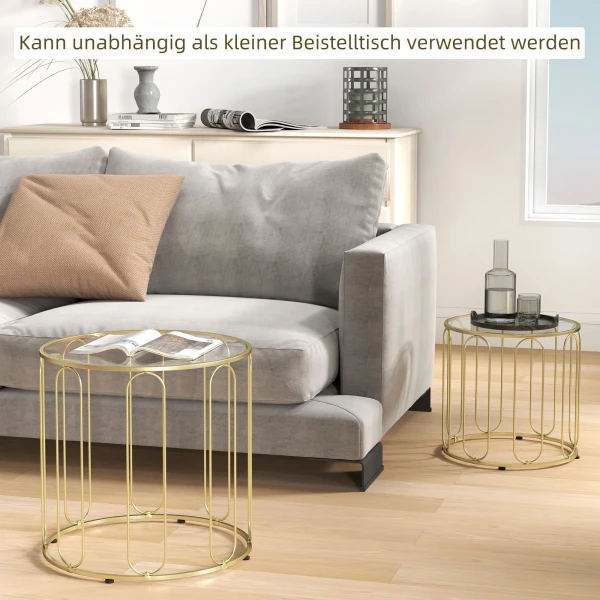 2 delige set glazen tafels, inschuifbaar, glasplaten, metalen frame, goudkleurig 6