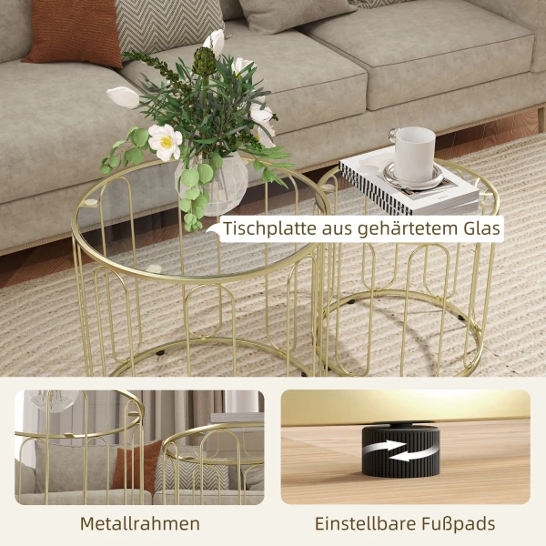 2 delige set glazen tafels, inschuifbaar, glasplaten, metalen frame, goudkleurig 7