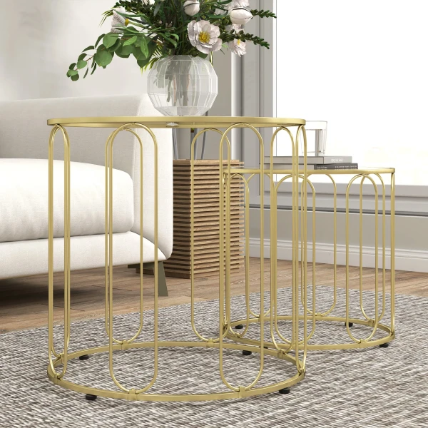 2 delige set glazen tafels, inschuifbaar, glasplaten, metalen frame, goudkleurig 9