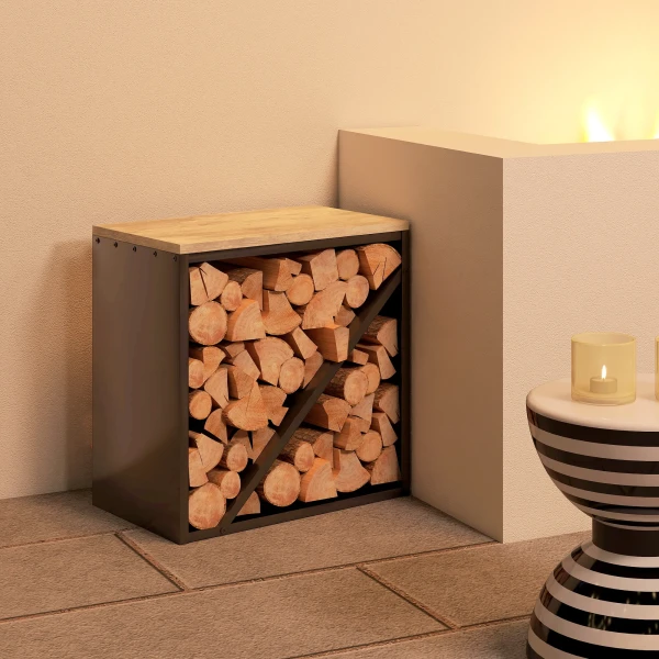 2 in 1 haardhoutrek voor binnen 58 x 36 x 60cm verhoogd brandhoutrek met verdeler metaal zwart 10