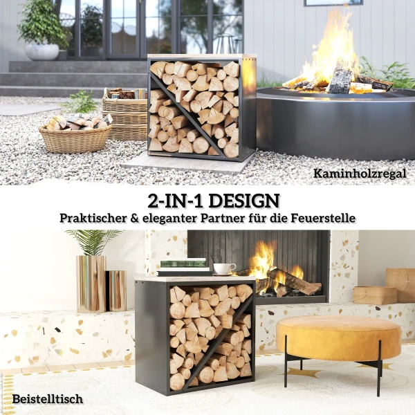 2 in 1 haardhoutrek voor binnen 58 x 36 x 60cm verhoogd brandhoutrek met verdeler metaal zwart 5