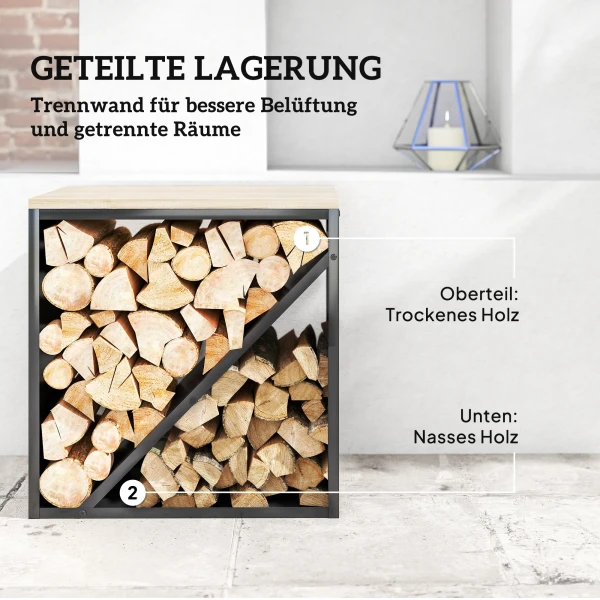 2 in 1 haardhoutrek voor binnen 58 x 36 x 60cm verhoogd brandhoutrek met verdeler metaal zwart 7