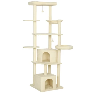 2 meter hoge krabpaal voor 2 3 katten, krabpalen, grotten, hangmat, schuilplaatsen, meerlaags ontwerp, sisal, hout, pluche, beige 1