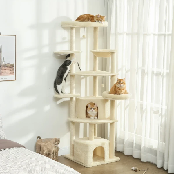 2 meter hoge krabpaal voor 2 3 katten, krabpalen, grotten, hangmat, schuilplaatsen, meerlaags ontwerp, sisal, hout, pluche, beige 2