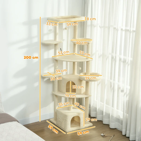 2 meter hoge krabpaal voor 2 3 katten, krabpalen, grotten, hangmat, schuilplaatsen, meerlaags ontwerp, sisal, hout, pluche, beige 4