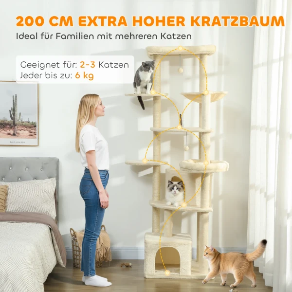 2 meter hoge krabpaal voor 2 3 katten, krabpalen, grotten, hangmat, schuilplaatsen, meerlaags ontwerp, sisal, hout, pluche, beige 5