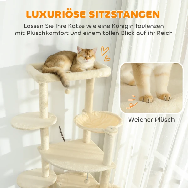 2 meter hoge krabpaal voor 2 3 katten, krabpalen, grotten, hangmat, schuilplaatsen, meerlaags ontwerp, sisal, hout, pluche, beige 6
