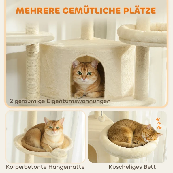 2 meter hoge krabpaal voor 2 3 katten, krabpalen, grotten, hangmat, schuilplaatsen, meerlaags ontwerp, sisal, hout, pluche, beige 7