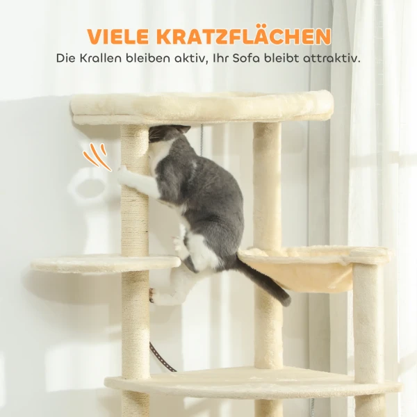 2 meter hoge krabpaal voor 2 3 katten, krabpalen, grotten, hangmat, schuilplaatsen, meerlaags ontwerp, sisal, hout, pluche, beige 8