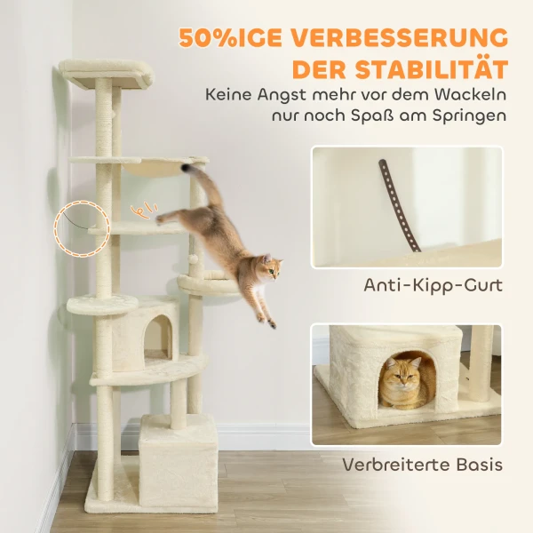 2 meter hoge krabpaal voor 2 3 katten, krabpalen, grotten, hangmat, schuilplaatsen, meerlaags ontwerp, sisal, hout, pluche, beige 9