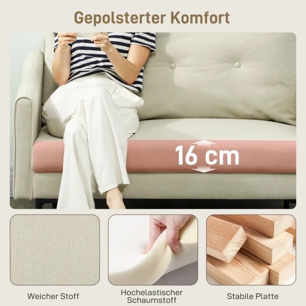2 zitsbank met schuimvulling en stoffen bekleding, voor woonkamer, slaapkamer, metalen frame, crèmewit 5