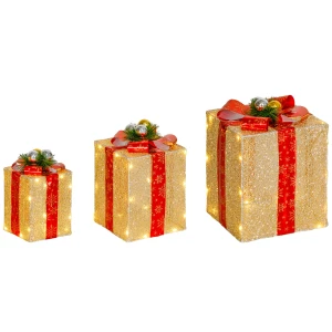 3 delige kerstcadeaudozen set voor binnen en buitendecoratie, met 58 led lampjes, goudkleurig 1