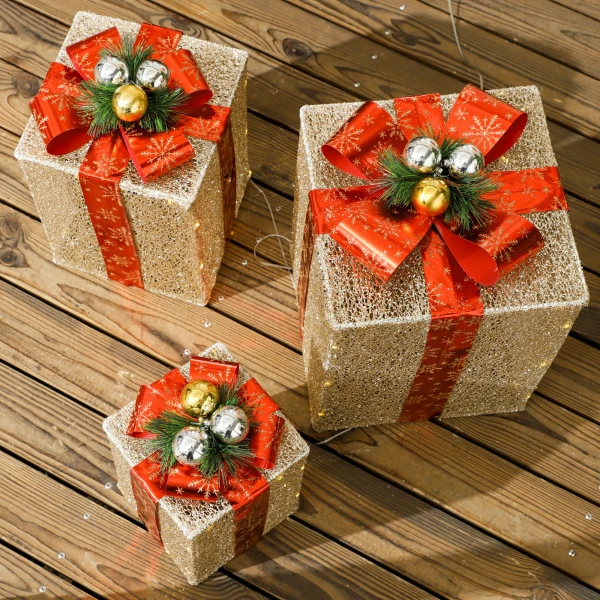 3 delige kerstcadeaudozen set voor binnen en buitendecoratie, met 58 led lampjes, goudkleurig 10