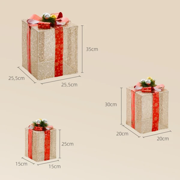 3 delige kerstcadeaudozen set voor binnen en buitendecoratie, met 58 led lampjes, goudkleurig 4