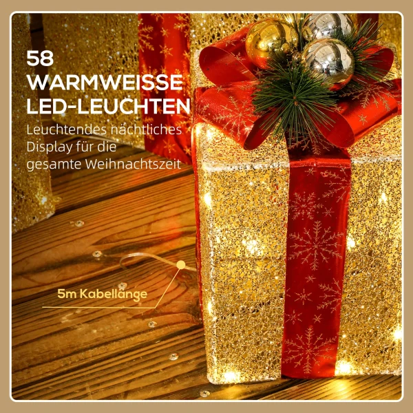 3 delige kerstcadeaudozen set voor binnen en buitendecoratie, met 58 led lampjes, goudkleurig 6