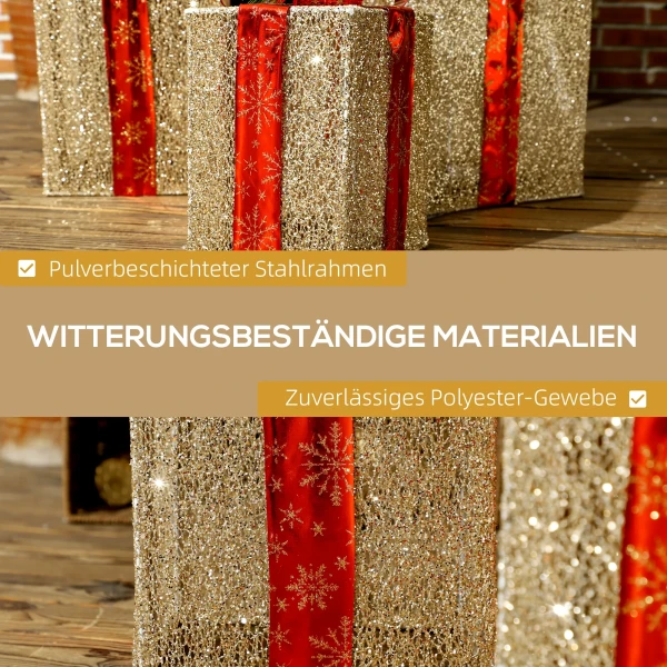 3 delige kerstcadeaudozen set voor binnen en buitendecoratie, met 58 led lampjes, goudkleurig 7