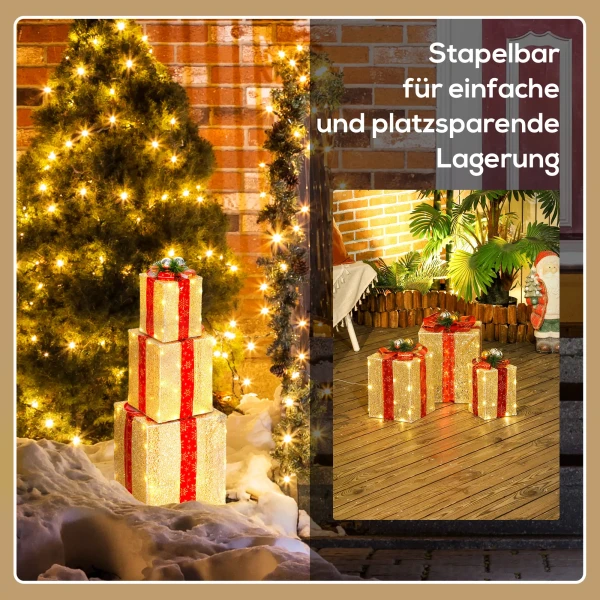 3 delige kerstcadeaudozen set voor binnen en buitendecoratie, met 58 led lampjes, goudkleurig 8