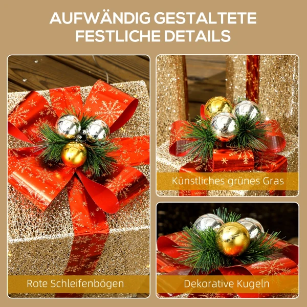 3 delige kerstcadeaudozen set voor binnen en buitendecoratie, met 58 led lampjes, goudkleurig 9