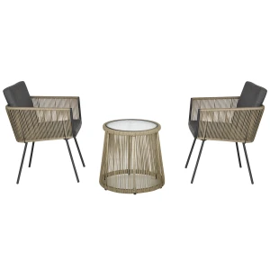 3 delige zitgroep, 2 stoelen, bijzettafel, zit & rugkussens, hardglas tafelblad, kunstrattan, grijs 1