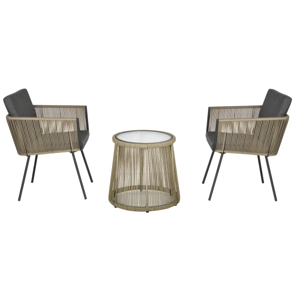 3 delige zitgroep, 2 stoelen, bijzettafel, zit & rugkussens, hardglas tafelblad, kunstrattan, grijs 1
