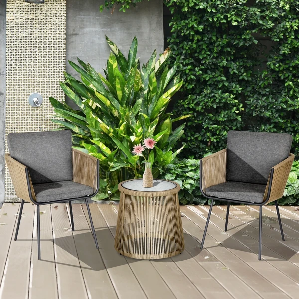 3 delige zitgroep, 2 stoelen, bijzettafel, zit & rugkussens, hardglas tafelblad, kunstrattan, grijs 2
