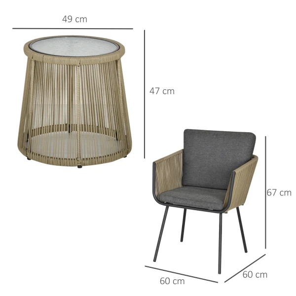 3 delige zitgroep, 2 stoelen, bijzettafel, zit & rugkussens, hardglas tafelblad, kunstrattan, grijs 4
