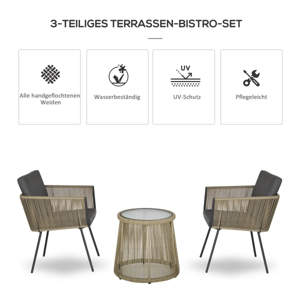 3 delige zitgroep, 2 stoelen, bijzettafel, zit & rugkussens, hardglas tafelblad, kunstrattan, grijs 5