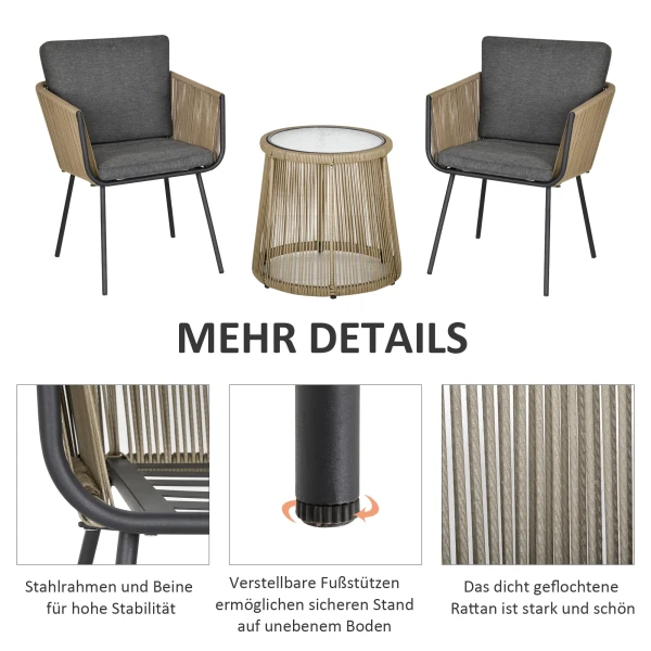 3 delige zitgroep, 2 stoelen, bijzettafel, zit & rugkussens, hardglas tafelblad, kunstrattan, grijs 7