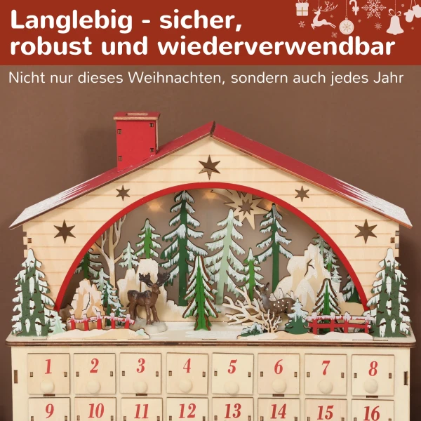 Adventskalender om te vullen 24 laden vakken kerstkalender met led lichten natuurhout 36 x 10 x 34 cm 8