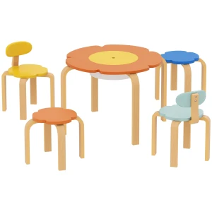 Aiyaplay 5 delige kindertafel en stoelset, met opbergtas, bloemvorm, voor speelkamer, kinderkamer, hout, kleurrijk 1