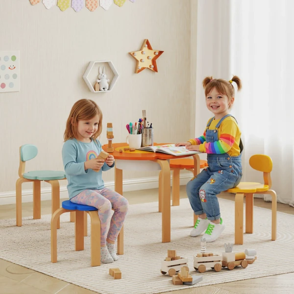 Aiyaplay 5 delige kindertafel en stoelset, met opbergtas, bloemvorm, voor speelkamer, kinderkamer, hout, kleurrijk 2