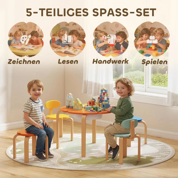 Aiyaplay 5 delige kindertafel en stoelset, met opbergtas, bloemvorm, voor speelkamer, kinderkamer, hout, kleurrijk 5