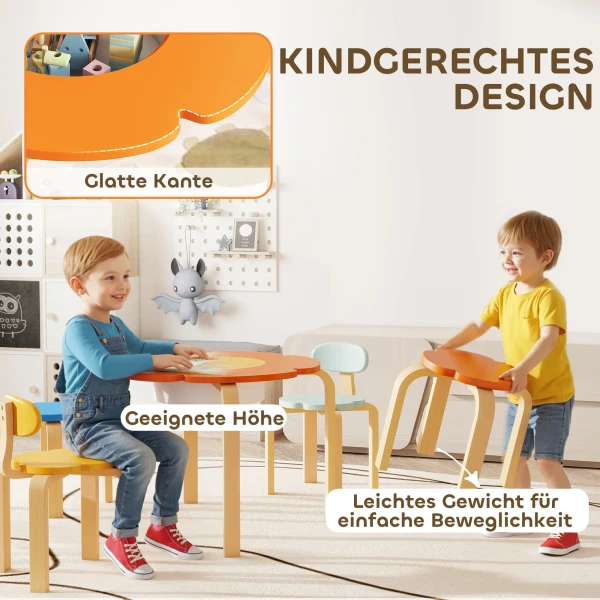 Aiyaplay 5 delige kindertafel en stoelset, met opbergtas, bloemvorm, voor speelkamer, kinderkamer, hout, kleurrijk 8