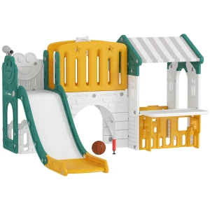 Aiyaplay 7 in 1 kinderglijbaan, binnenspeeltuin, klimrek, huis, bord, basketbalring, 1 4 jaar, kunststof, geel+groen 1