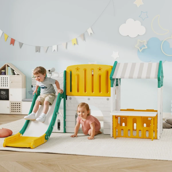 Aiyaplay 7 in 1 kinderglijbaan, binnenspeeltuin, klimrek, huis, bord, basketbalring, 1 4 jaar, kunststof, geel+groen 2