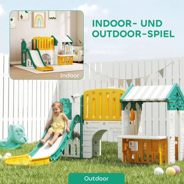 Aiyaplay 7 in 1 kinderglijbaan, binnenspeeltuin, klimrek, huis, bord, basketbalring, 1 4 jaar, kunststof, geel+groen 9