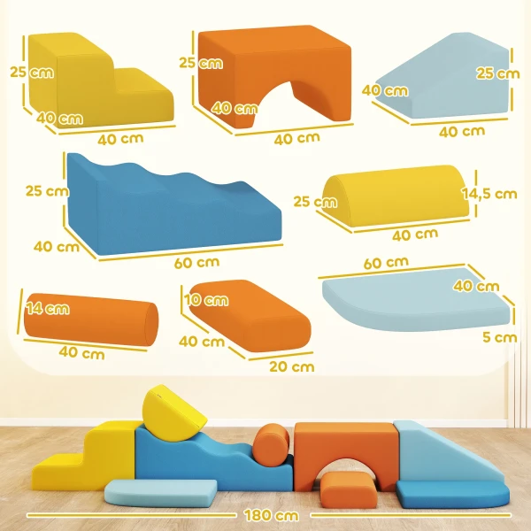 Aiyaplay 9 delig zacht bouwblokken set, zachte blokken om te bouwen en te spelen, indoor speelset voor peuters, schuim, kleurrijk 4