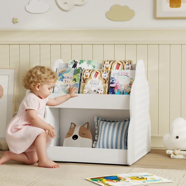 Aiyaplay kinderrek, 2 laags kinderboekenrek met wielen, 4 rekken, voor kinderkamer, speelkamer, 54x50x56 cm, wit 2