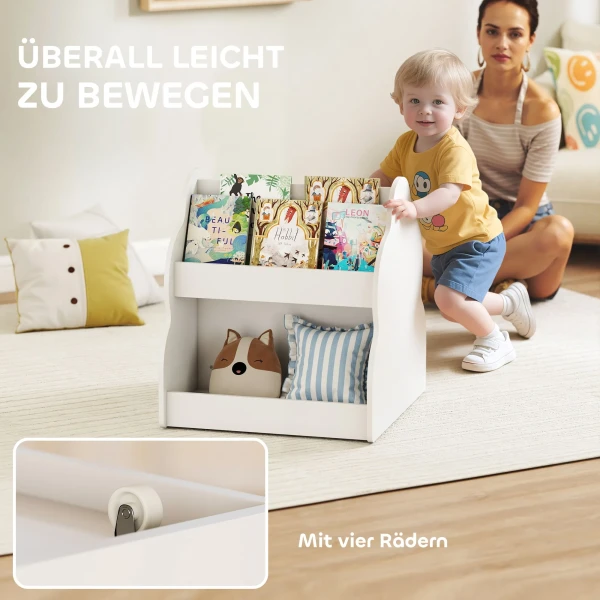 Aiyaplay kinderrek, 2 laags kinderboekenrek met wielen, 4 rekken, voor kinderkamer, speelkamer, 54x50x56 cm, wit 6