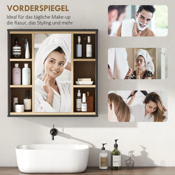 Badkamerspiegelkast, 6 open vakken, 3 laags rek, wandmontage, eiken 5